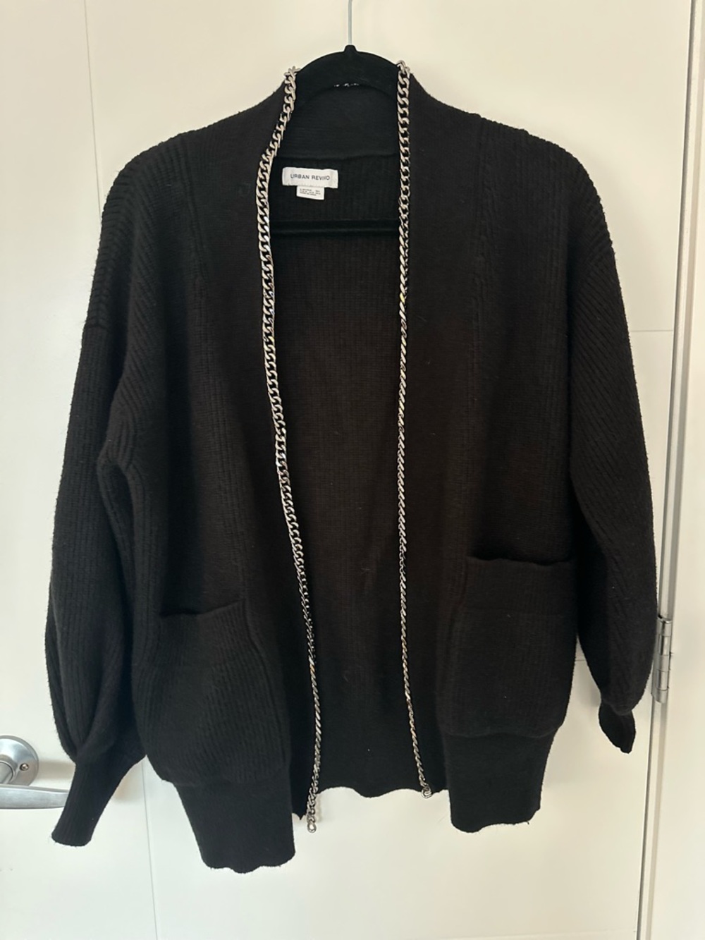 Urban Revivo Black Chain Trim Open Front Cardigan Sweater | Chunky Knit | Size 4